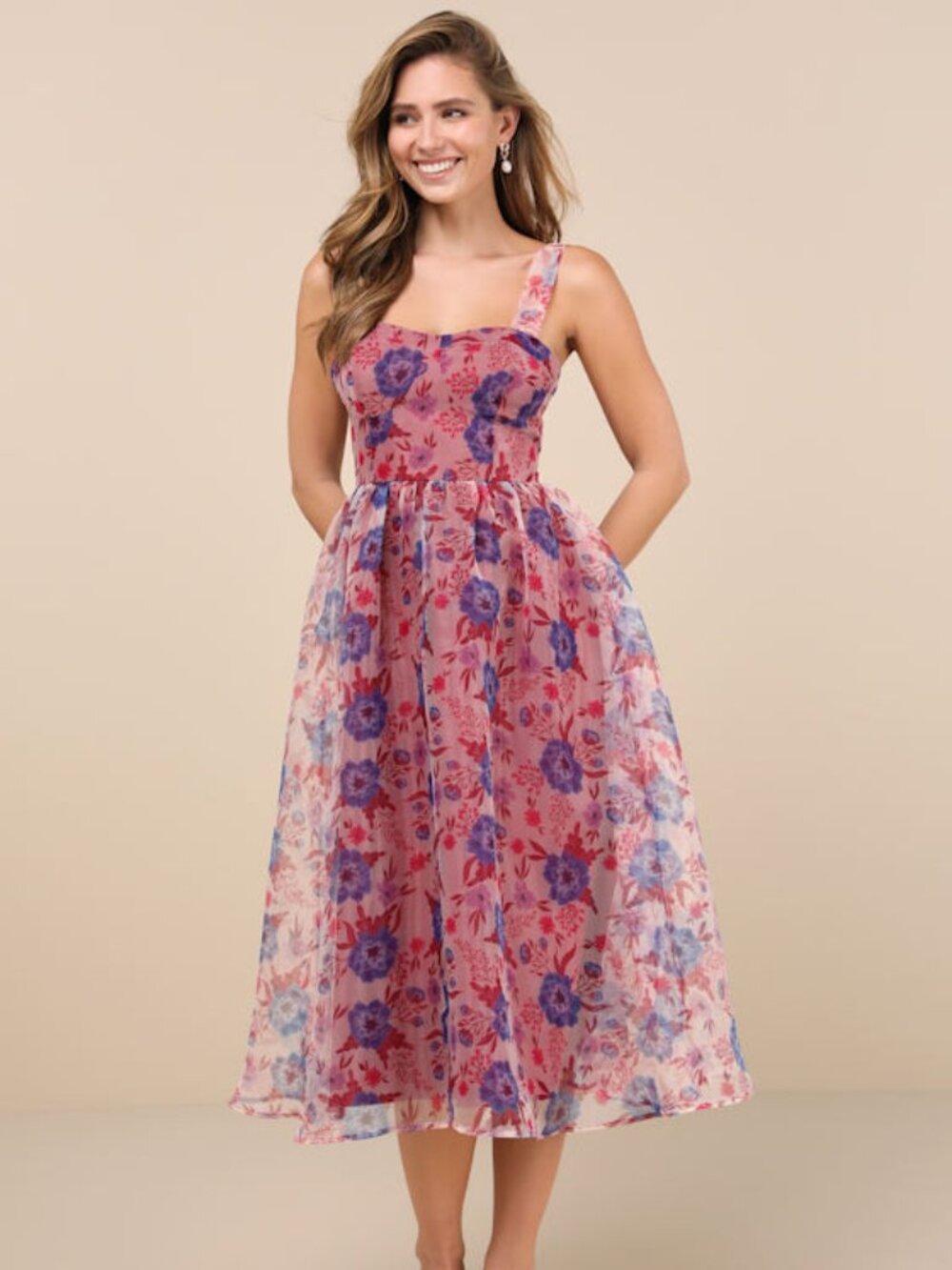 Lulus Delightful Look Magenta Floral Print Bustier Midi Skater Dress Pink